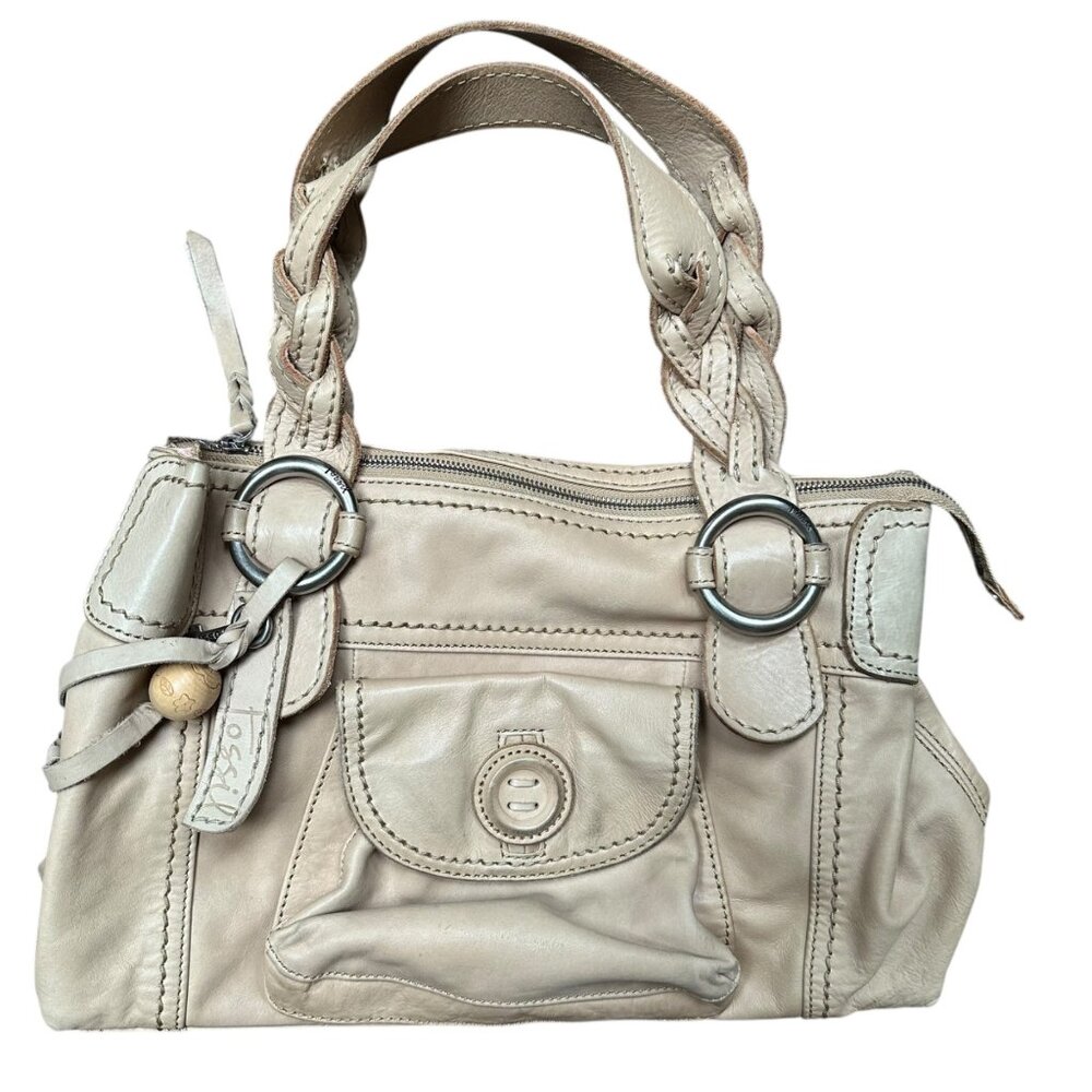 Fossil Leather Handbag Beige Braided Handles Hobo Retro Y2K With Floral Lining.